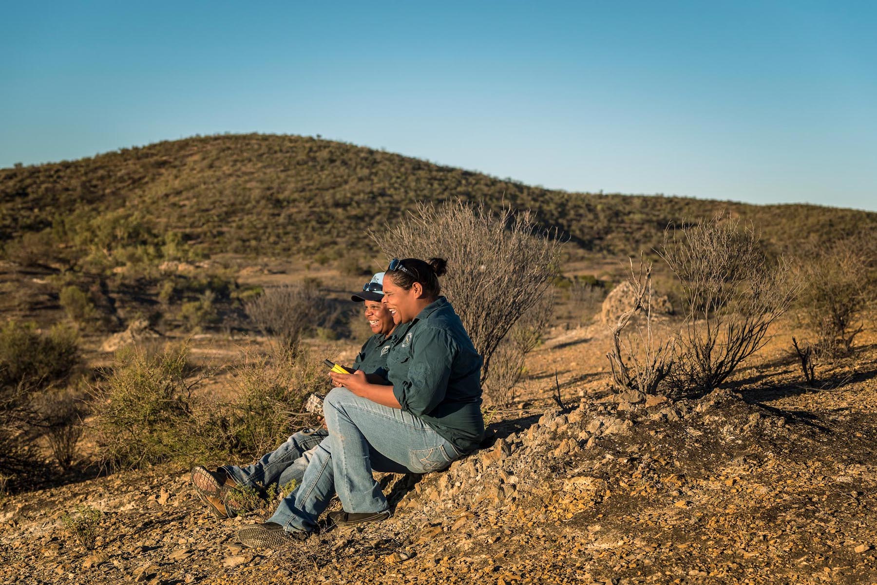 Nanrawarrina Rangers, Julette and Joelwyn Jonson care for the Nantarwarrina Indigenous Protected Area in the Flinders Ranges, SA. Declared in 1998, Nantawarrina was the first Australian Indigenous Protected Area. Photo by Annette Ruzika and Country Needs People.