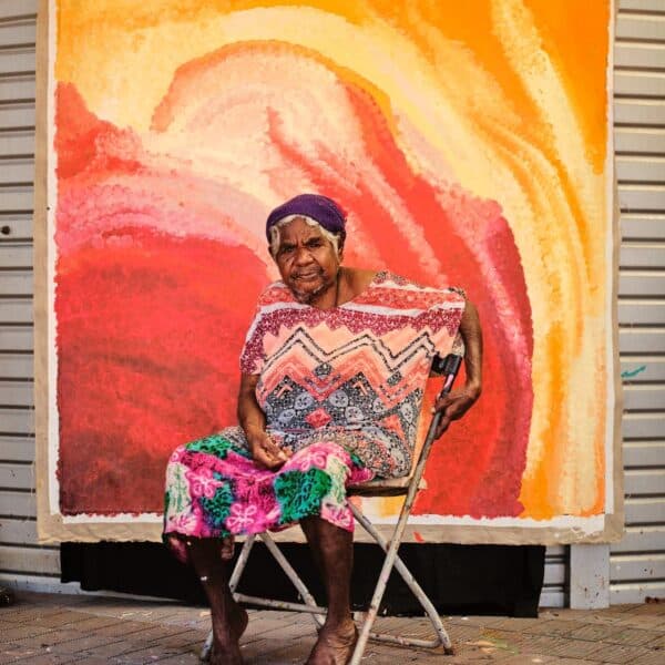 Bugai Whyoulter at Martumili Artists, 2021. Photography by Duncan Wright