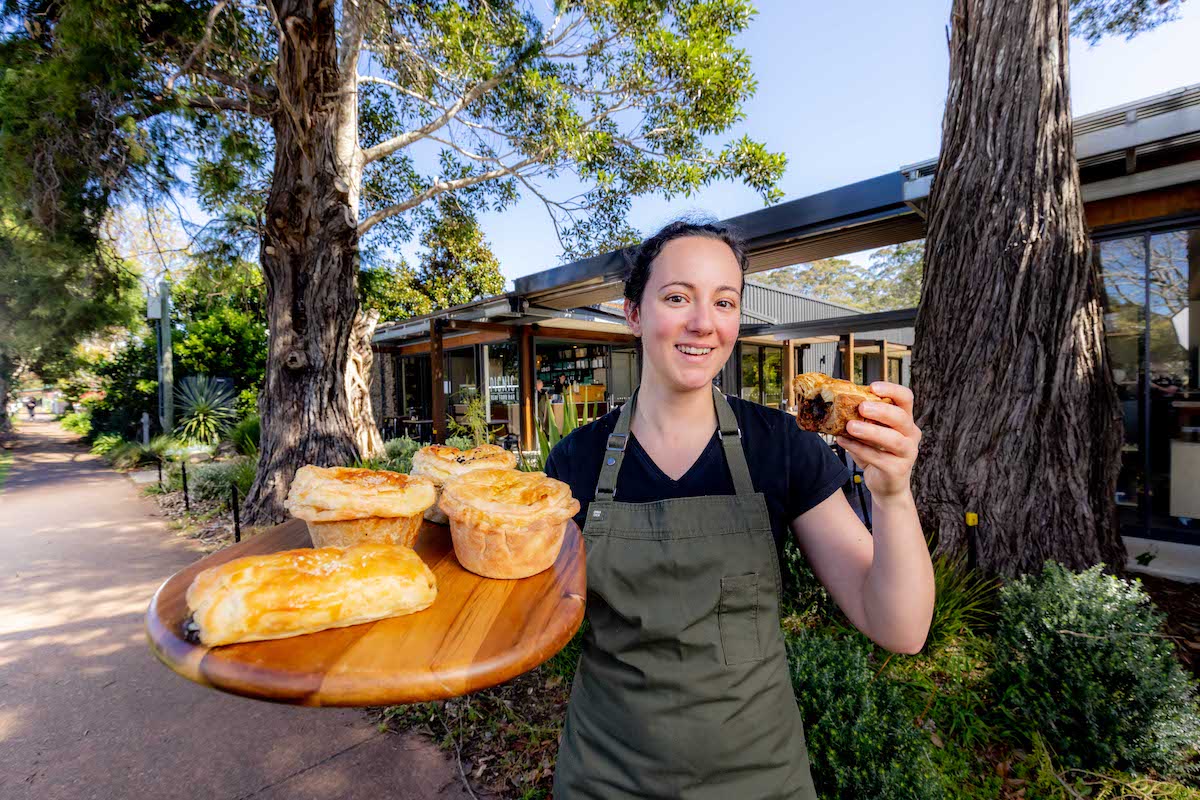 Bec Leitner with the famous pies from Picnic Real Food Bar on Tamborine Mountain. Photography: Luke Marsden.